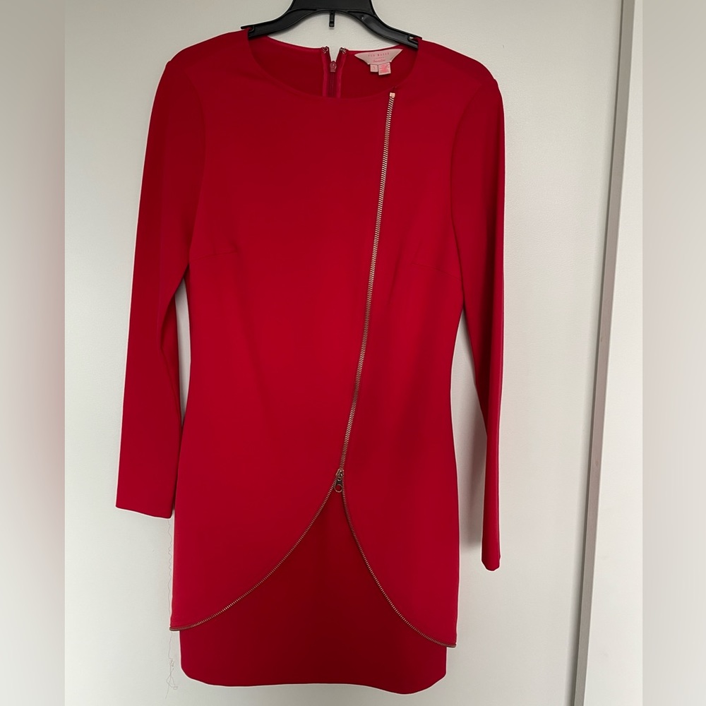 Ted Baker London - Long Sleeve Red Midi Dress with Zipper Accent